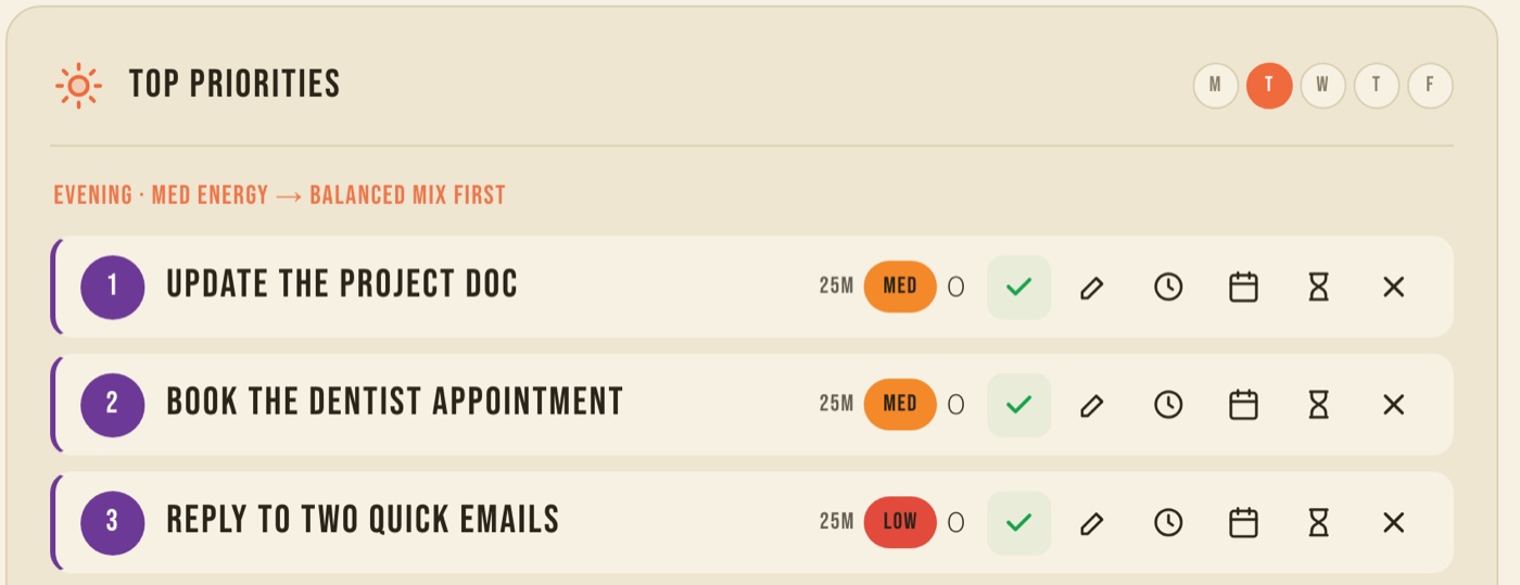HyypaFocus top priorities: three tasks for today, each tagged with the energy it needs